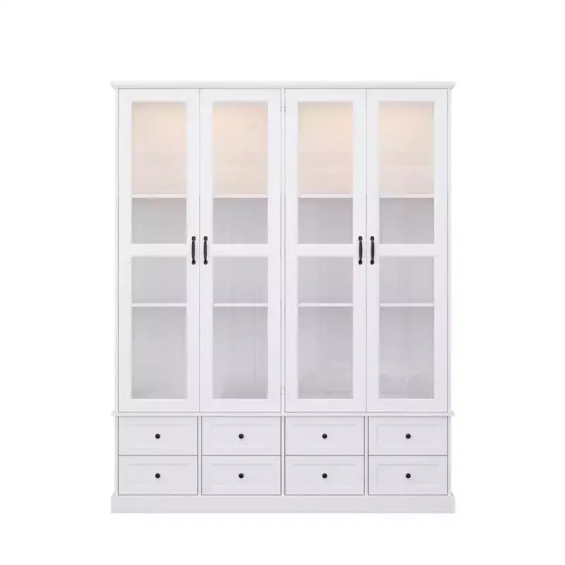 Bibliothèque-vitrine blanche avec éclairage LED RGB, tiroirs et portes vitrées