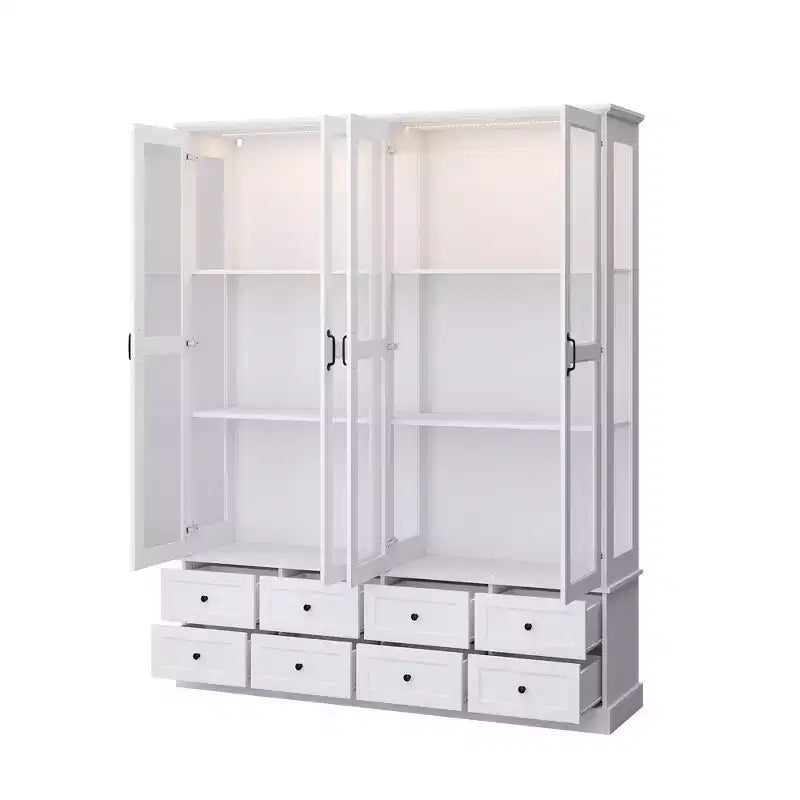 Bibliothèque-vitrine blanche avec éclairage LED RGB, tiroirs et portes vitrées