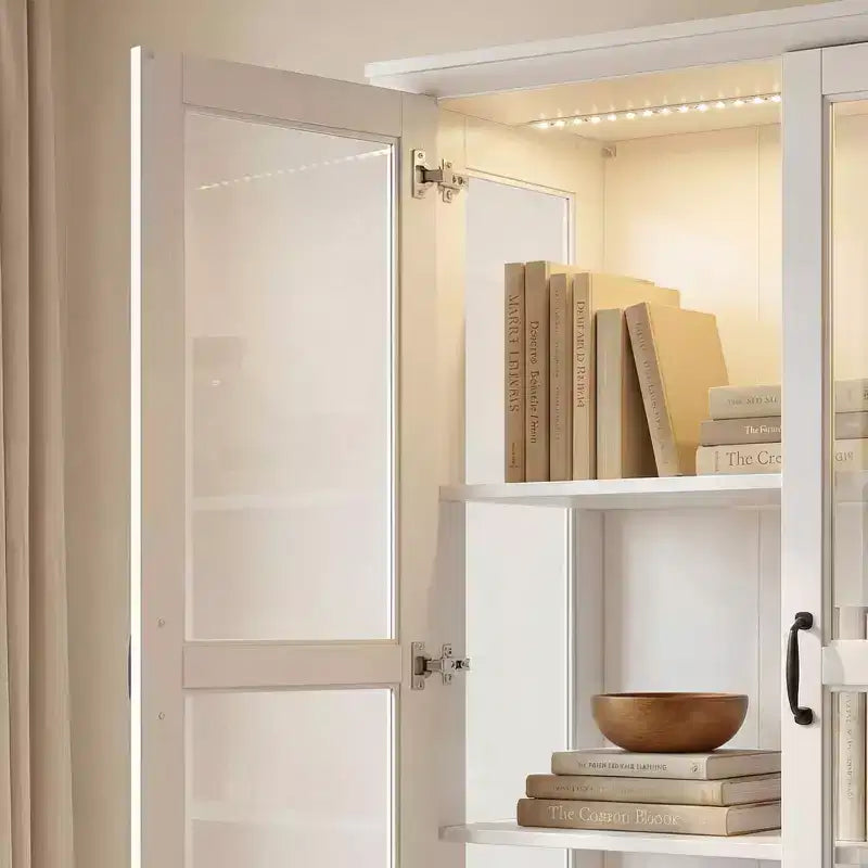 Bibliothèque-vitrine blanche avec éclairage LED RGB, tiroirs et portes vitrées