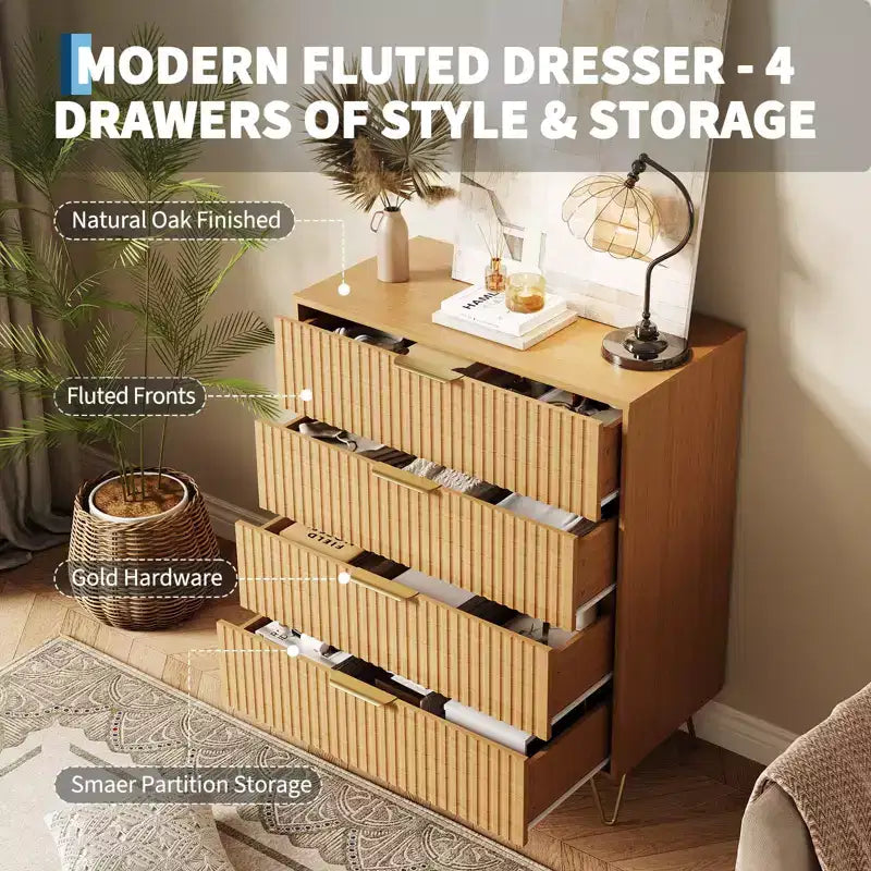 Commode, 32 po de large, commode moderne cannelée avec poignées en métal, organisateur de rangement pour vêtements à 4 tiroirs