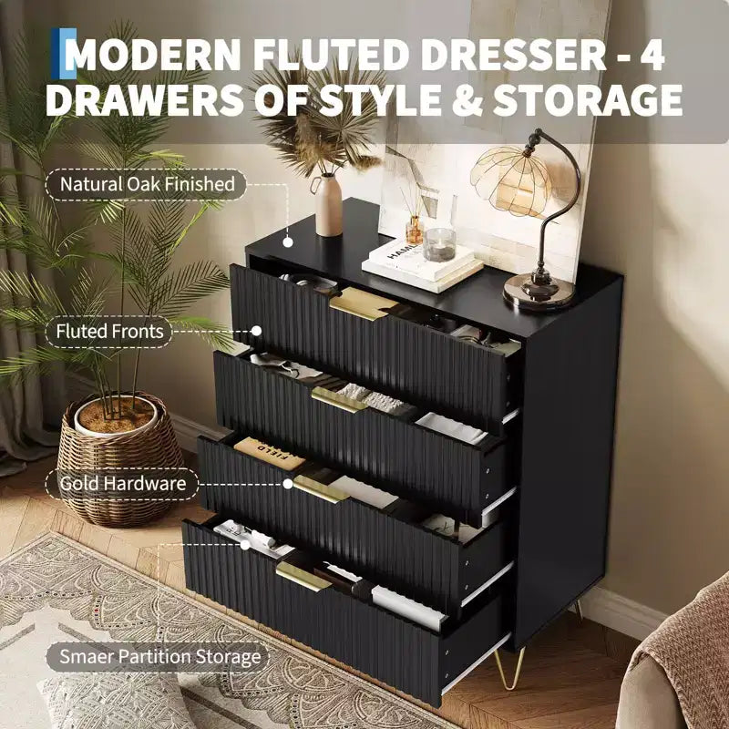 Commode, 32 po de large, commode moderne cannelée avec poignées en métal, organisateur de rangement pour vêtements à 4 tiroirs
