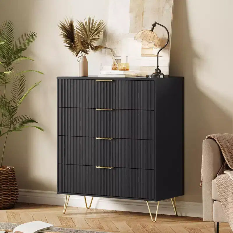 Commode, 32 po de large, commode moderne cannelée avec poignées en métal, organisateur de rangement pour vêtements à 4 tiroirs