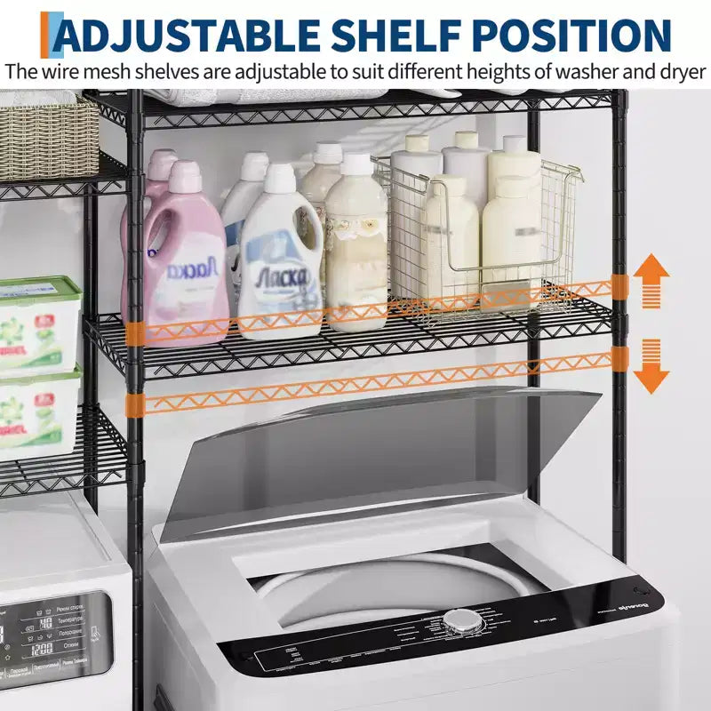 Étagère de buanderie au-dessus du lave-linge/sèche-linge, étagères de rangement en acier au carbone à 6 niveaux 57,8L x 22P x 77,4H avec tringles de suspension