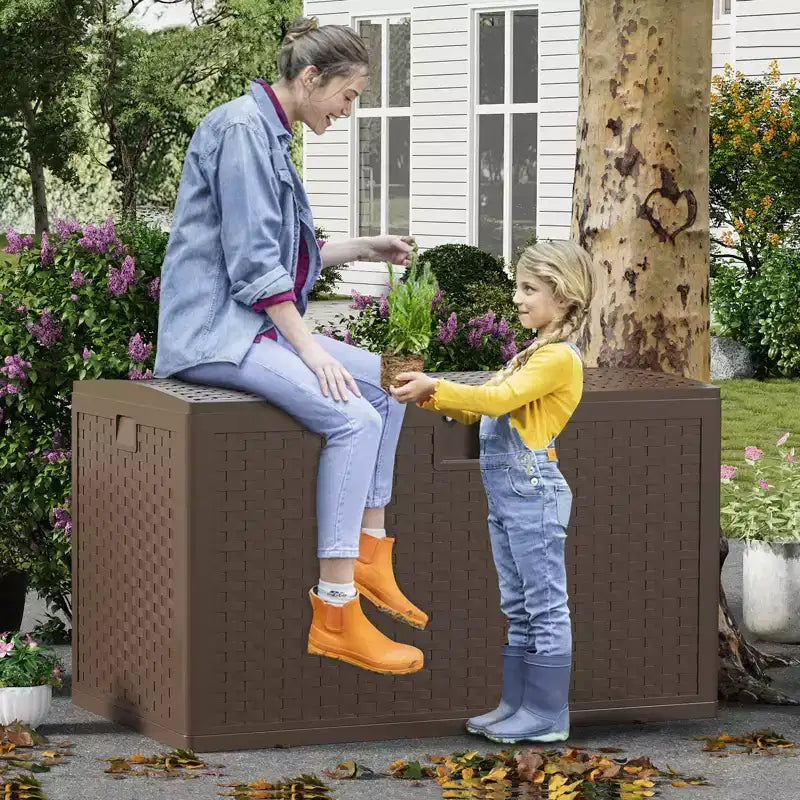 Coffre de rangement extérieur en résine, étanche, verrouillable, 454 L, style rotin, avec poignées latérales, pour meubles de patio, outils de jardin