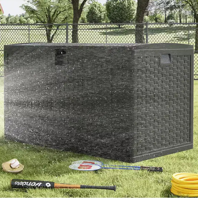 Coffre de rangement extérieur en résine, étanche, verrouillable, 454 L, style rotin, avec poignées latérales, pour meubles de patio, outils de jardin