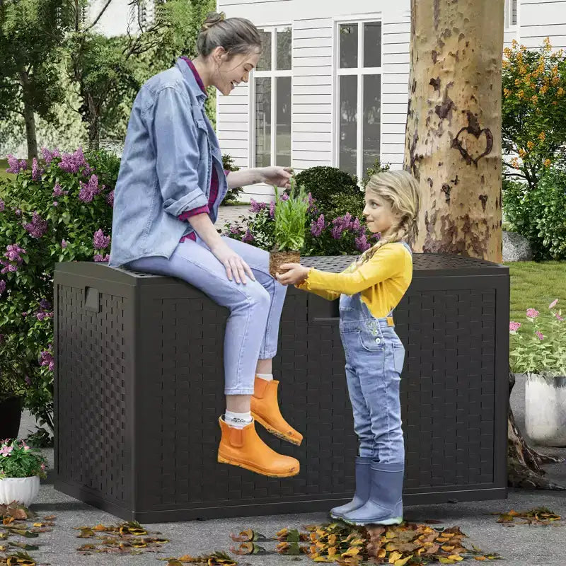 Coffre de rangement extérieur en résine, étanche, verrouillable, 454 L, style rotin, avec poignées latérales, pour meubles de patio, outils de jardin