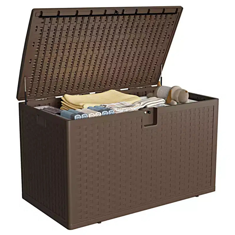 Coffre de rangement extérieur en résine, étanche, verrouillable, 454 L, style rotin, avec poignées latérales, pour meubles de patio, outils de jardin