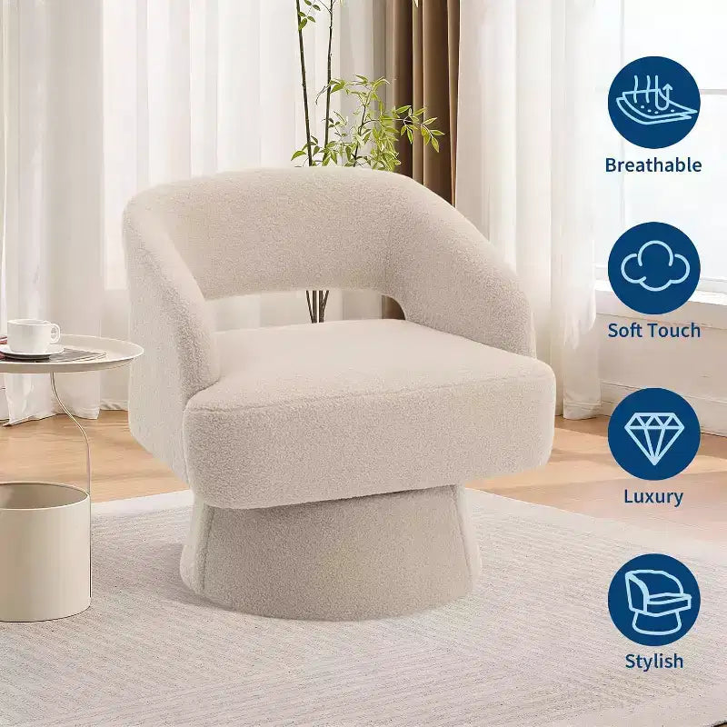 Fauteuil d'appoint pivotant en velours avec dossier ouvert et base conique, fauteuil rotatif à 360°