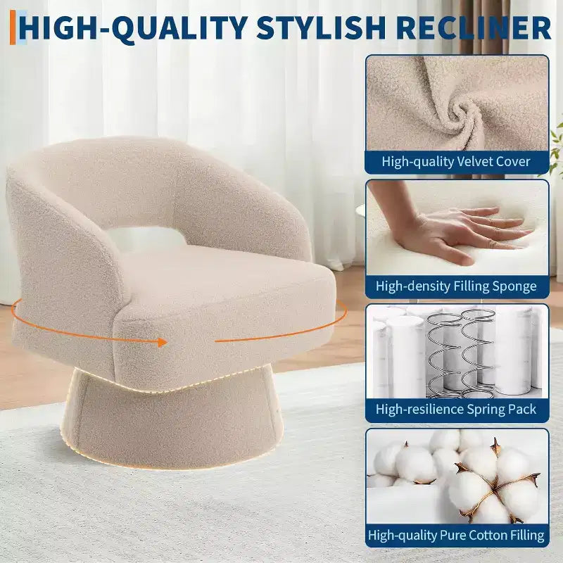 Fauteuil d'appoint pivotant en velours avec dossier ouvert et base conique, fauteuil rotatif à 360°