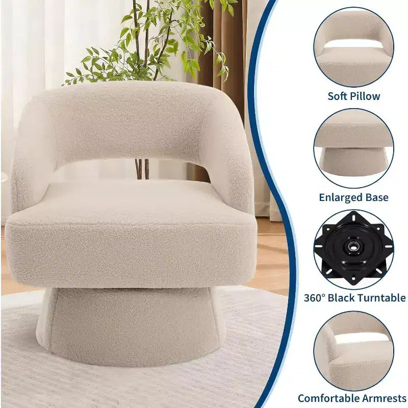 Fauteuil d'appoint pivotant en velours avec dossier ouvert et base conique, fauteuil rotatif à 360°