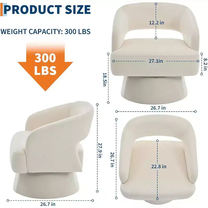 Fauteuil d'appoint pivotant en velours avec dossier ouvert et base conique, fauteuil rotatif à 360°