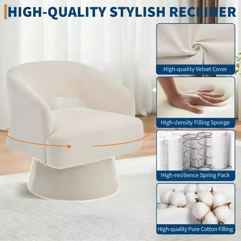 Fauteuil d'appoint pivotant en velours avec dossier ouvert et base conique, fauteuil rotatif à 360°