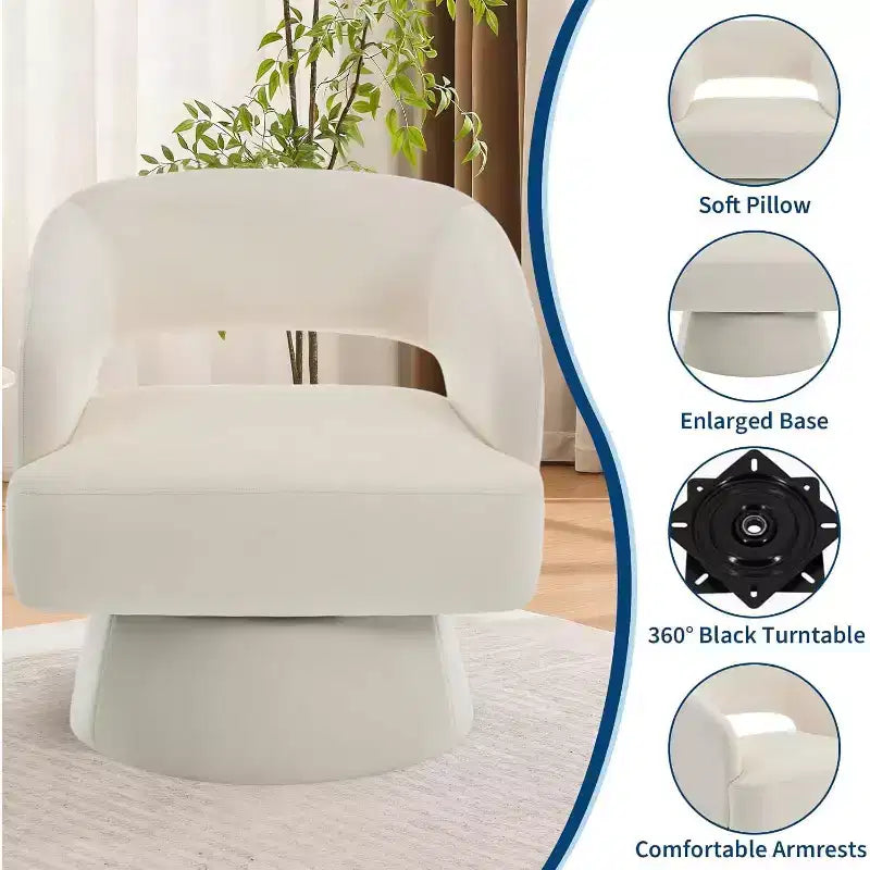 Fauteuil d'appoint pivotant en velours avec dossier ouvert et base conique, fauteuil rotatif à 360°