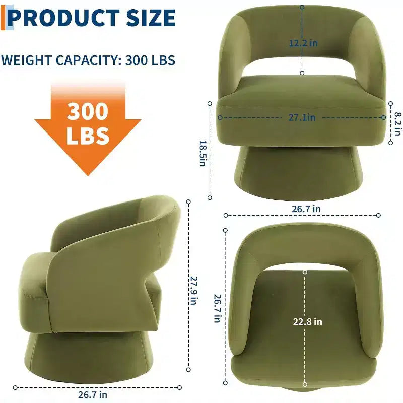 Fauteuil d'appoint pivotant en velours avec dossier ouvert et base conique, fauteuil rotatif à 360°