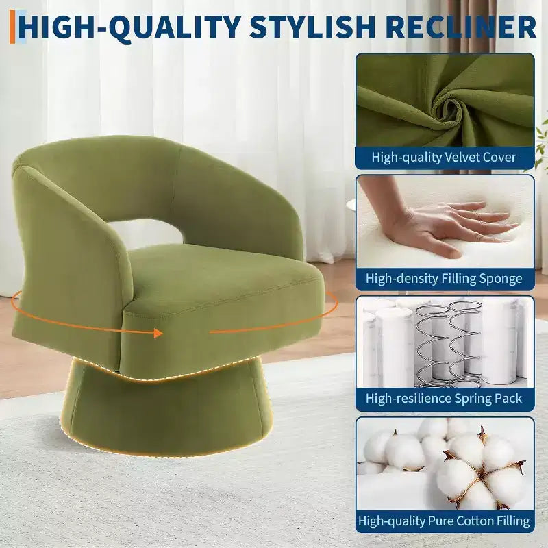Fauteuil d'appoint pivotant en velours avec dossier ouvert et base conique, fauteuil rotatif à 360°