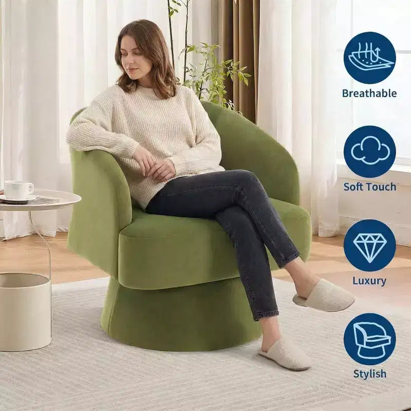 Fauteuil d'appoint pivotant en velours avec dossier ouvert et base conique, fauteuil rotatif à 360°