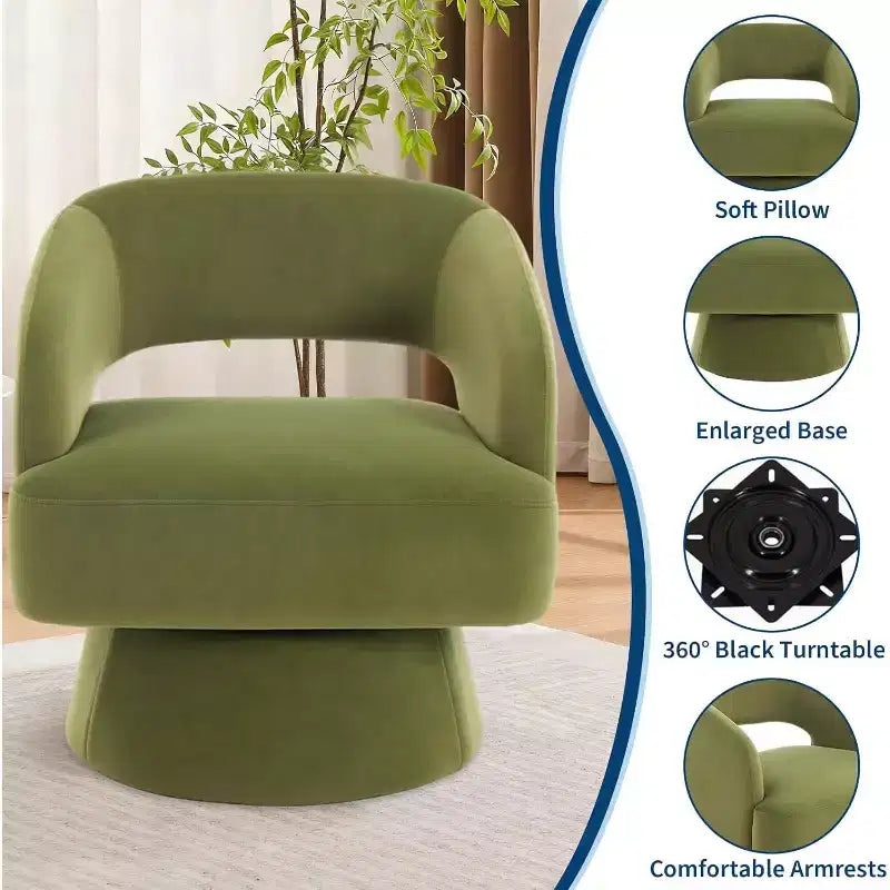 Fauteuil d'appoint pivotant en velours avec dossier ouvert et base conique, fauteuil rotatif à 360°