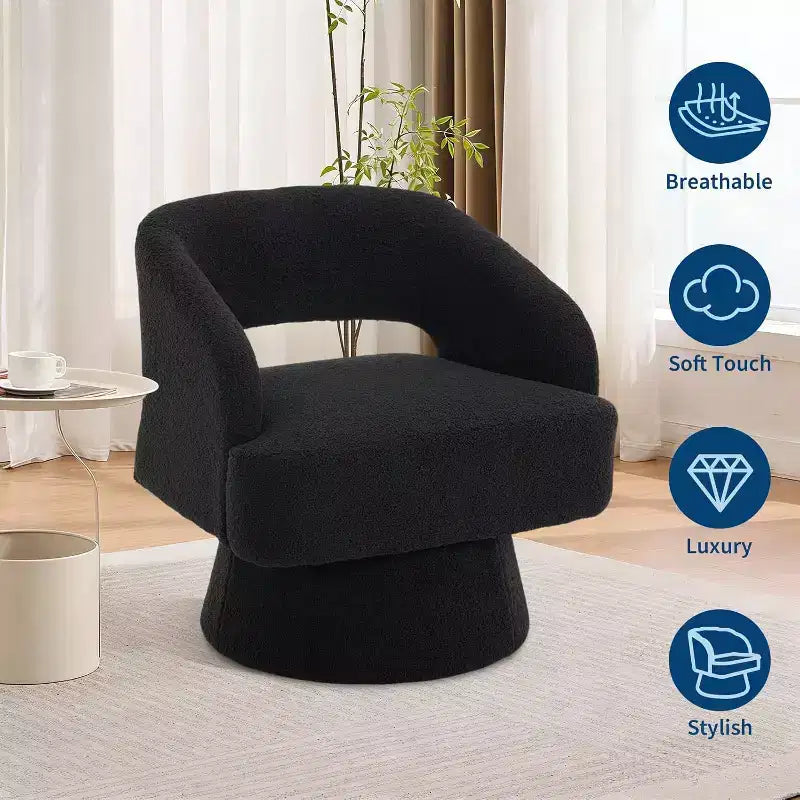 Fauteuil d'appoint pivotant en velours avec dossier ouvert et base conique, fauteuil rotatif à 360°