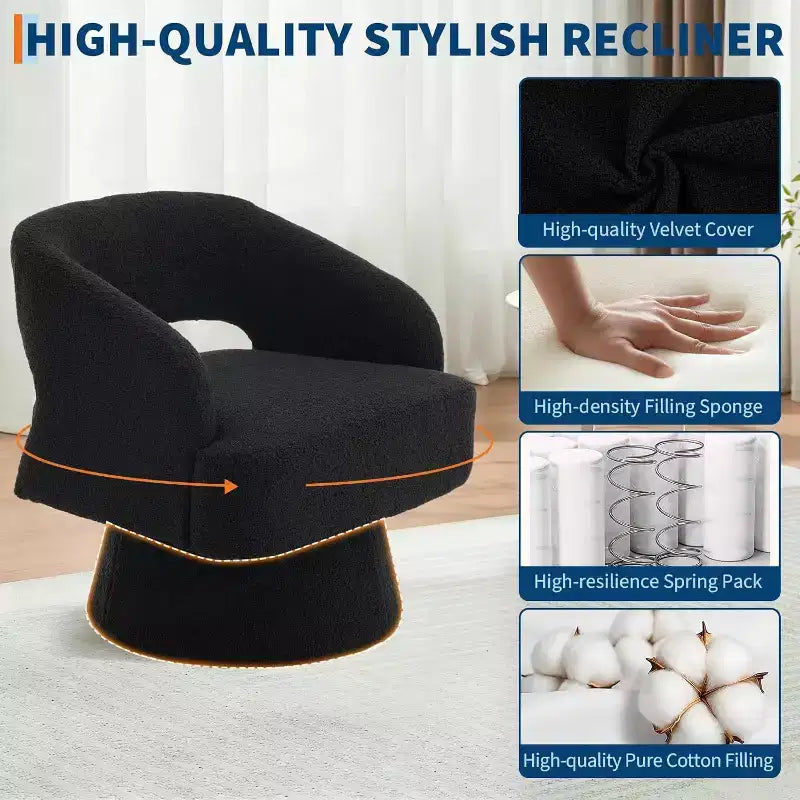 Fauteuil d'appoint pivotant en velours avec dossier ouvert et base conique, fauteuil rotatif à 360°
