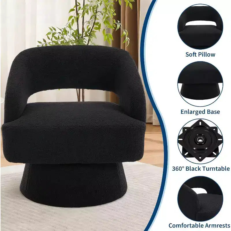 Fauteuil d'appoint pivotant en velours avec dossier ouvert et base conique, fauteuil rotatif à 360°
