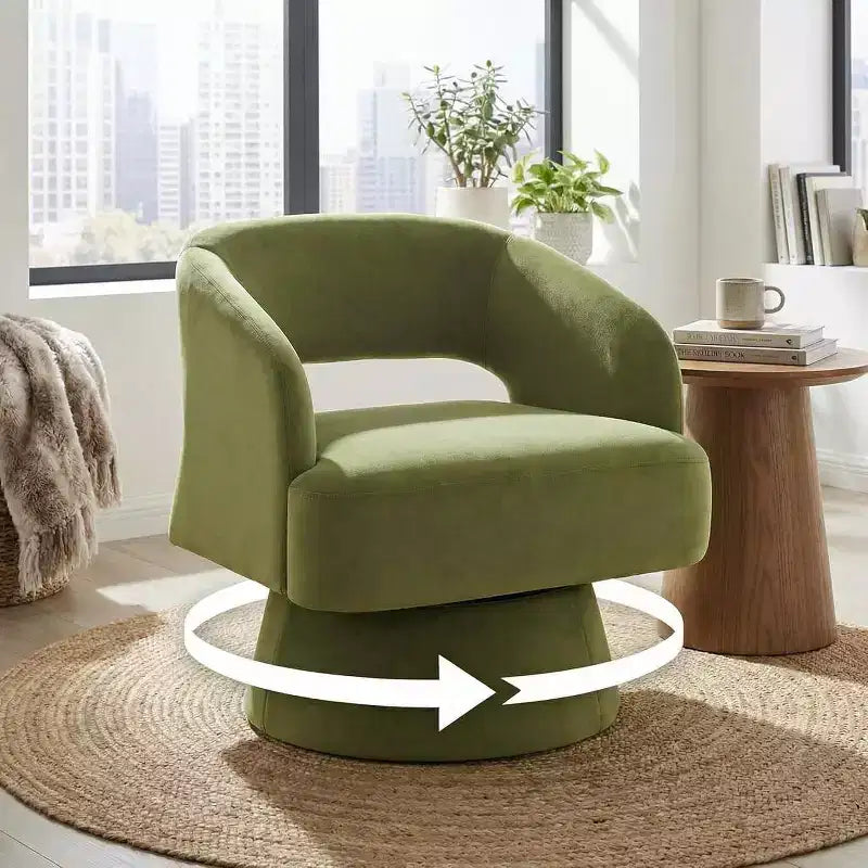 Fauteuil d'appoint pivotant en velours avec dossier ouvert et base conique, fauteuil rotatif à 360°