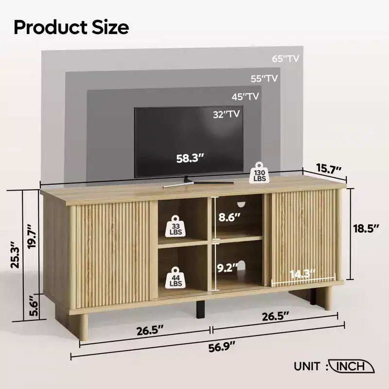 Meuble TV mi-siècle de 147 cm avec portes coulissantes pour téléviseurs de 45 à 65 pouces