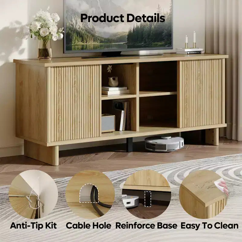 Meuble TV mi-siècle de 147 cm avec portes coulissantes pour téléviseurs de 45 à 65 pouces