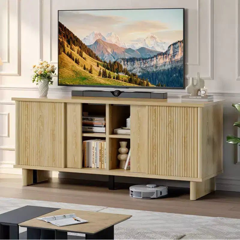 Meuble TV mi-siècle de 147 cm avec portes coulissantes pour téléviseurs de 45 à 65 pouces