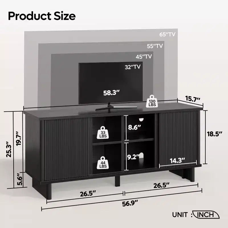 Meuble TV mi-siècle de 147 cm avec portes coulissantes pour téléviseurs de 45 à 65 pouces