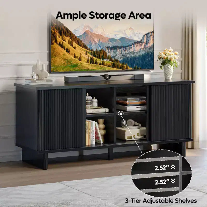 Meuble TV mi-siècle de 147 cm avec portes coulissantes pour téléviseurs de 45 à 65 pouces