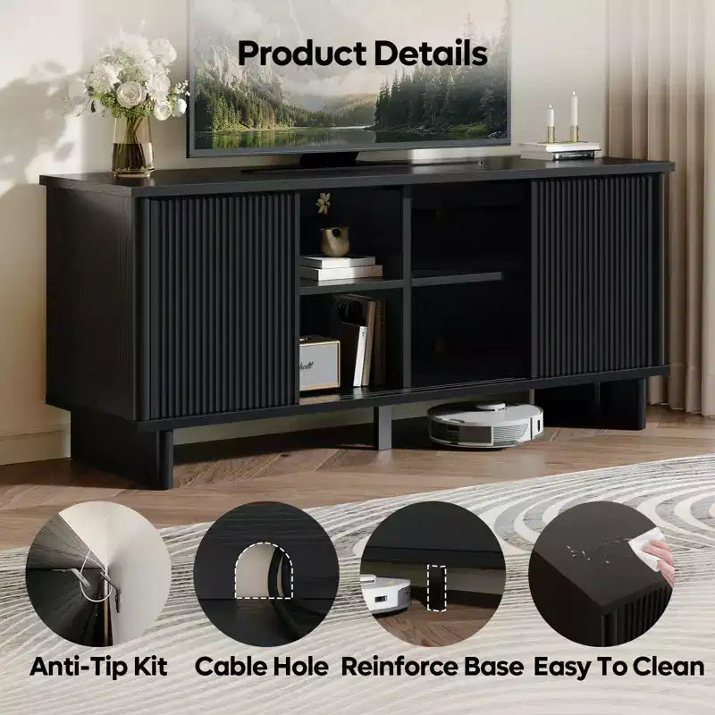 Meuble TV mi-siècle de 147 cm avec portes coulissantes pour téléviseurs de 45 à 65 pouces