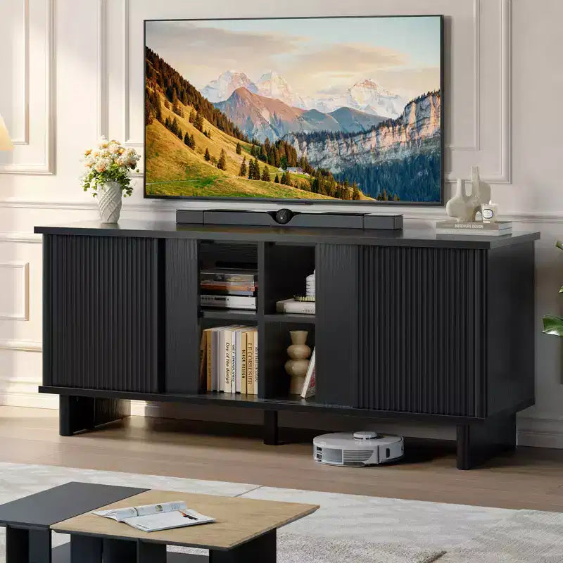 Meuble TV mi-siècle de 147 cm avec portes coulissantes pour téléviseurs de 45 à 65 pouces