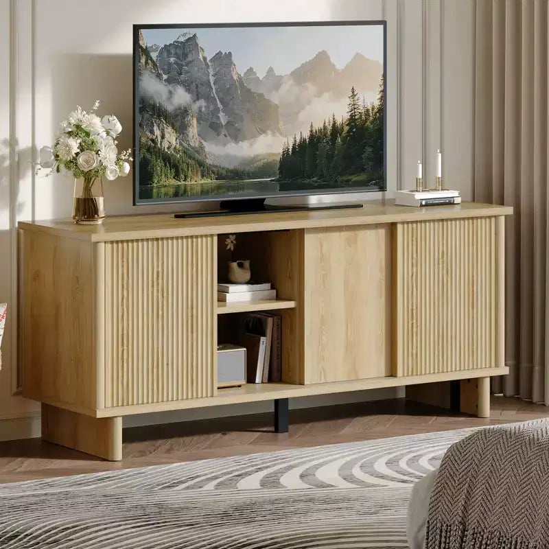 Meuble TV mi-siècle de 147 cm avec portes coulissantes pour téléviseurs de 45 à 65 pouces