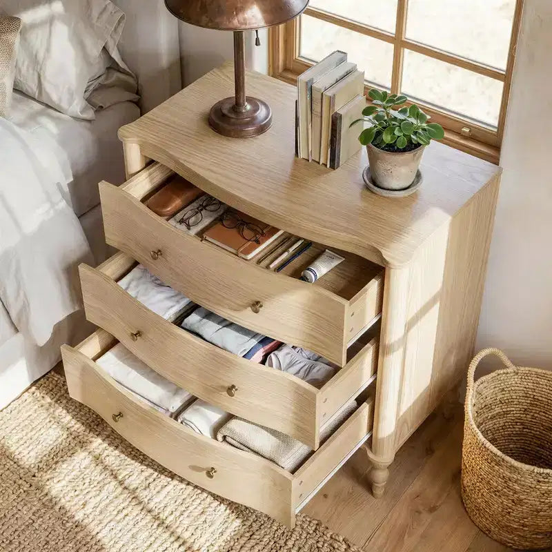 Table de chevet en bois à 3 tiroirs avec façade incurvée et pieds tournés de style vintage
