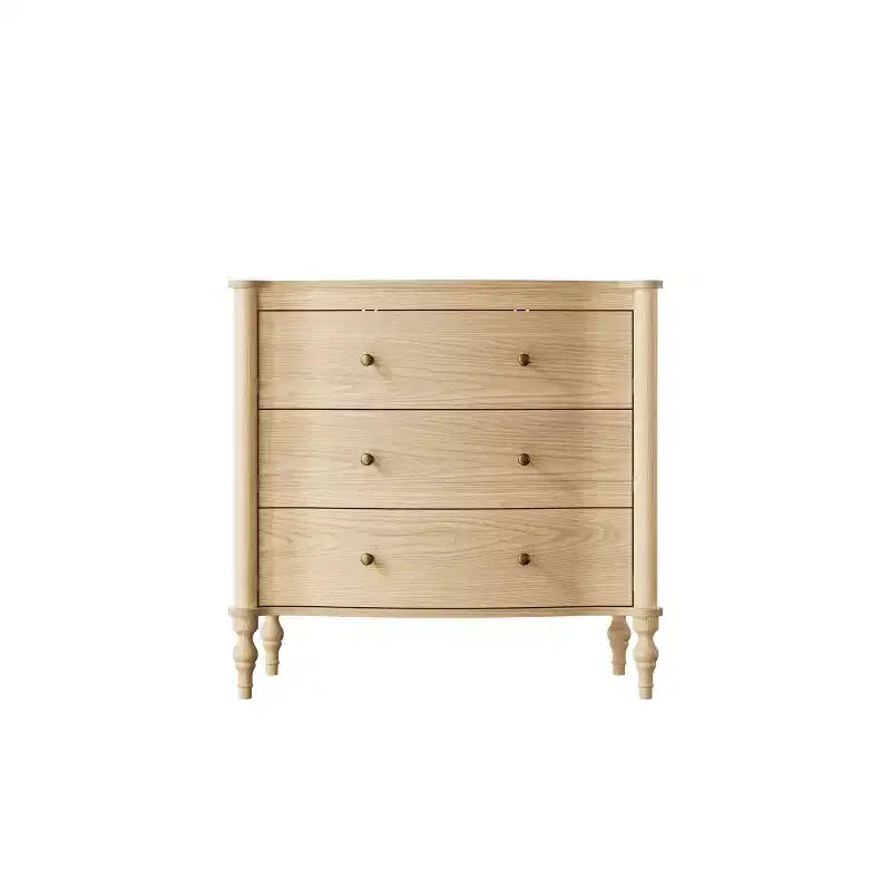 Table de chevet en bois à 3 tiroirs avec façade incurvée et pieds tournés de style vintage