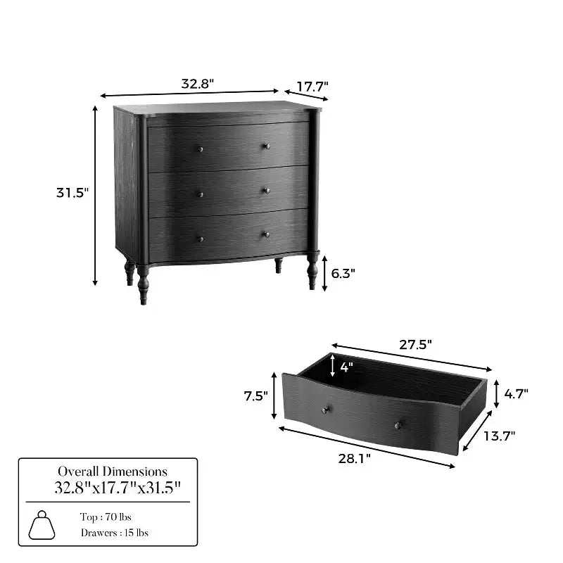 3-Drawer Wood Nightstand with Curved Front & Vintage Turned Legs