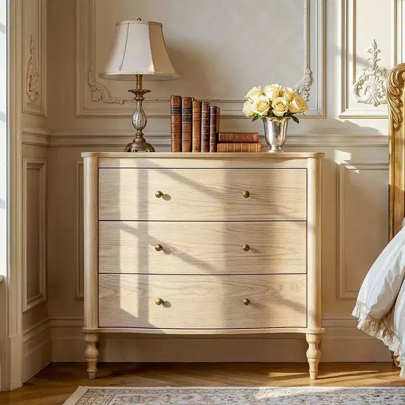 3-Drawer Wood Nightstand with Curved Front & Vintage Turned Legs