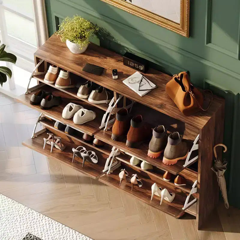 Meuble à chaussures à dessus plat avec 4 tiroirs basculants de 42 pouces et poignées métalliques argentées