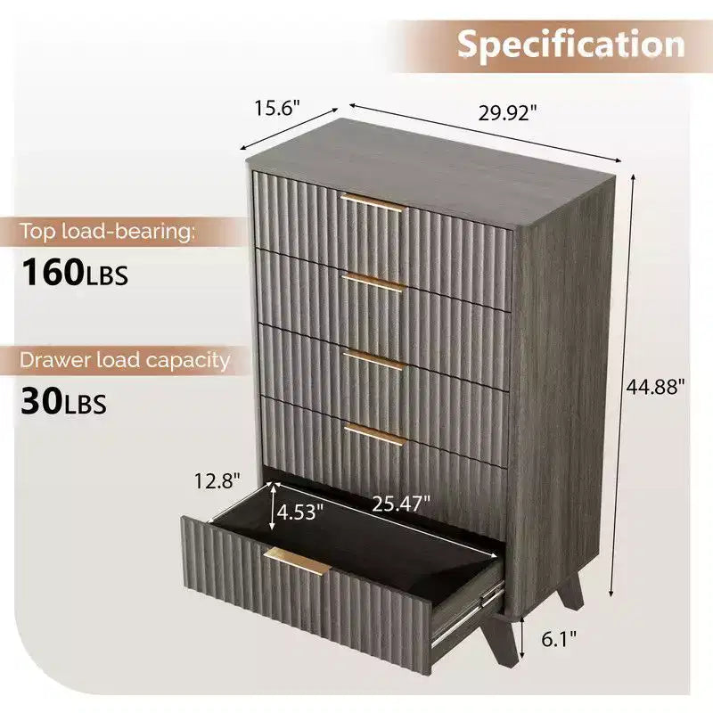 Commode 5 tiroirs Grille en panneau de particules, 30 po de large