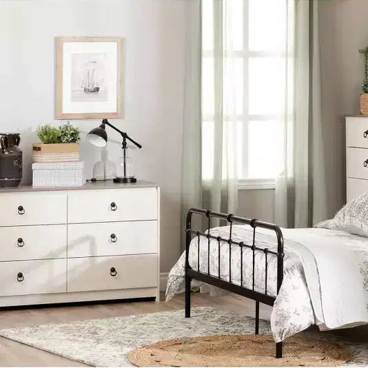 South Shore Plenny 6 Drawer Double Dresser: White Wash/Weathered Oak, Anti-Tip Hardware, Laminated Finish, 52" Width