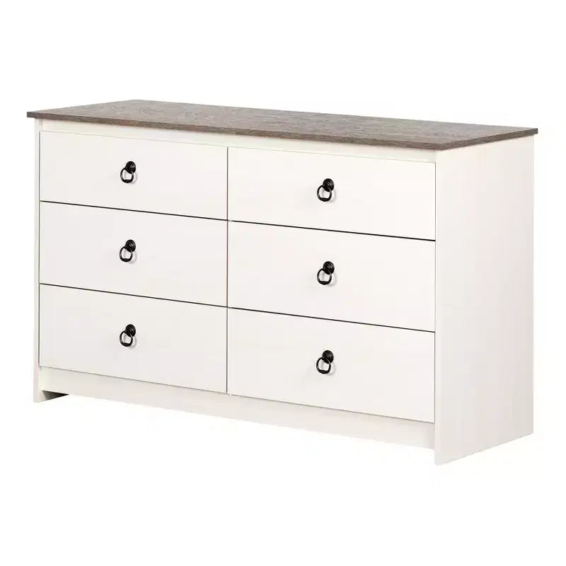 Commode double 6 tiroirs, Blanc patiné et Chêne vieilli, Dispositif anti-basculement, 132 cm de large