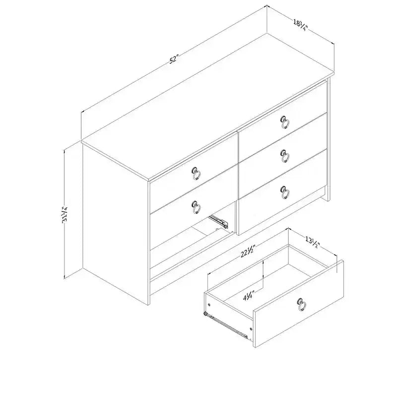 Commode double 6 tiroirs, Blanc patiné et Chêne vieilli, Dispositif anti-basculement, 132 cm de large