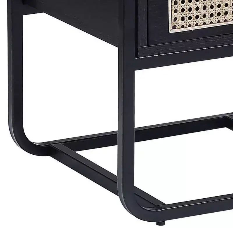 Table d'appoint noire de 19 pouces avec plateau en verre, cadre en métal et tiroir de rangement, 24 pouces de haut