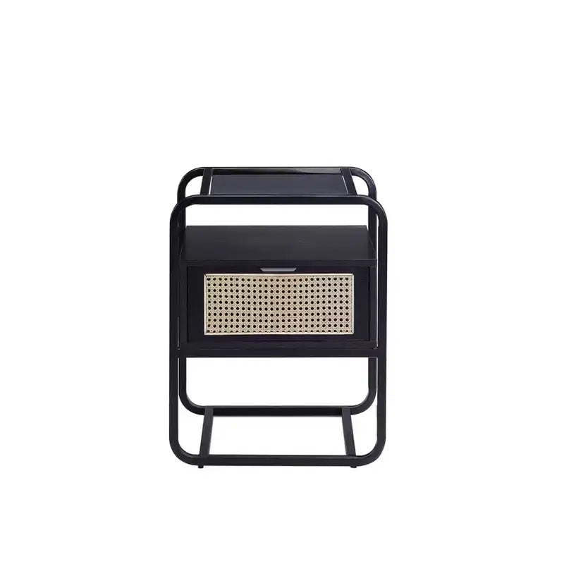 Table d'appoint noire de 19 pouces avec plateau en verre, cadre en métal et tiroir de rangement, 24 pouces de haut