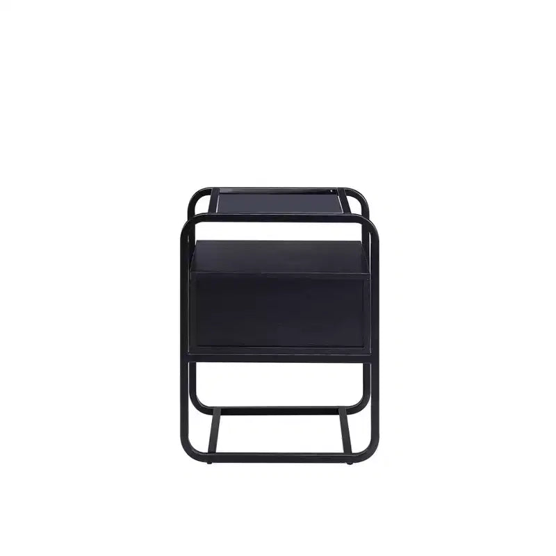 Table d'appoint noire de 19 pouces avec plateau en verre, cadre en métal et tiroir de rangement, 24 pouces de haut