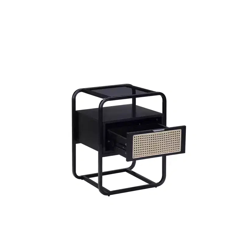 Table d'appoint noire de 19 pouces avec plateau en verre, cadre en métal et tiroir de rangement, 24 pouces de haut