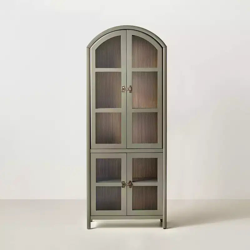 Meuble vitré à 4 portes avec arc en bois rainuré, vert sauge, 193 cm de haut
