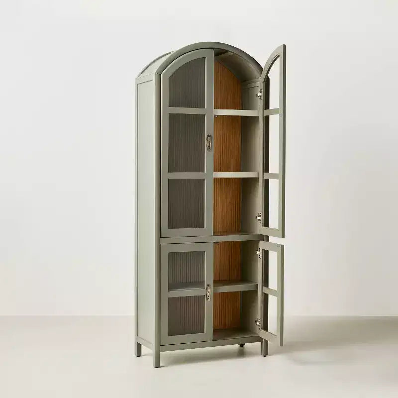 Meuble vitré à 4 portes avec arc en bois rainuré, vert sauge, 193 cm de haut