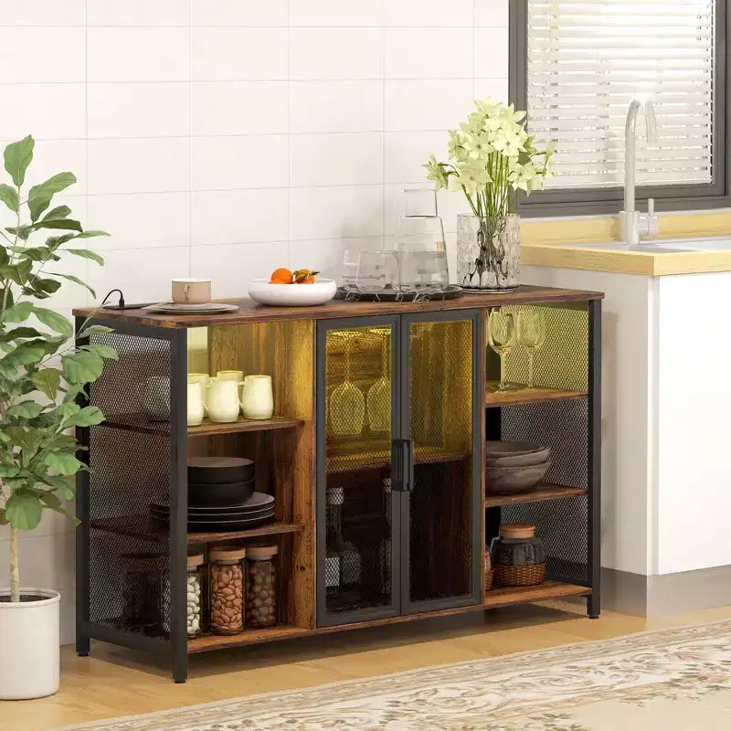 Meuble Bar à Vin avec Lumières LED RGB, Station de Recharge et Porte-Verres, Marron