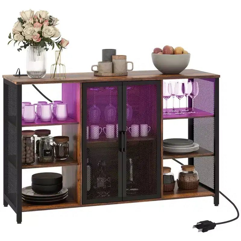 Meuble Bar à Vin avec Lumières LED RGB, Station de Recharge et Porte-Verres, Marron